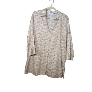 Foxcroft Heritage Button Down‎ Top 16 Pink Tan Chain Print Non-Iron Preppy Tunic